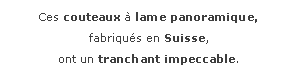 Zone de Texte: Ces couteaux  lame panoramique,
fabriqus en Suisse,
ont un tranchant impeccable.